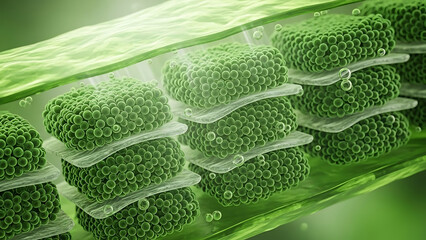 Detailed 3D render of chloroplasts and chlorophyll, illustrating photosynthesis process and plant