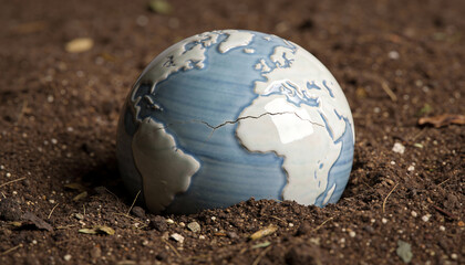 Conceptual 3D render of a cracked and broken ceramic earth globe partially buried in dark garden soil representing environmental crisis global warming and fragile planet ecology
