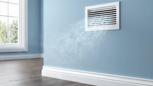 A white air vent on a light blue wall releases a stream of mist, suggesting air conditioning or humidification.