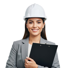 Smiling female construction engineer or architect in white hard hat holding clipboard isolated on transparent background
