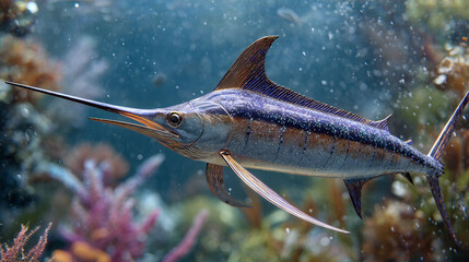 A magnificent marlin gracefully swimming through crystal-clear water, showcasing the beauty of the ocean's depths. The fish exhibits impressive detail and vibrant coloration.