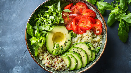 Healthy salad bowl with quinoa, avocado, tomatoes, and mixed greens on a blue background, top view