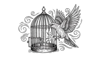 bird flew out of the cage sketch engraving raster illustration T-shirt apparel print design Scratch