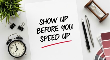 Motivational message 'Show Up Before You Speed Up' written on white paper with black ink and red underline