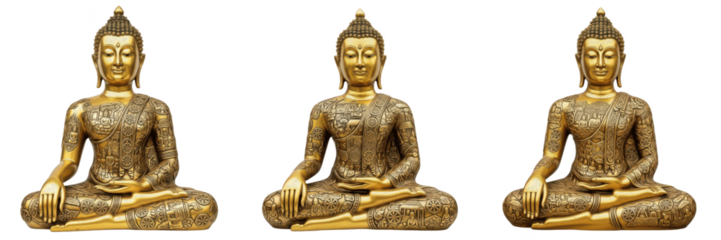 Three Golden Buddha Statues Meditating Isolated on White Background