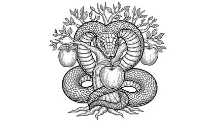 biblical serpent snake on apple tree sketch engraving vector illustration T-shirt apparel print desi