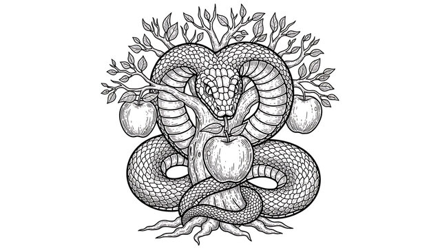 biblical serpent snake on apple tree sketch engraving vector illustration T-shirt apparel print desi