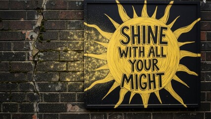 Radiant chalk sun illustration with uplifting quote on a grimy brick surface, celebrating might.