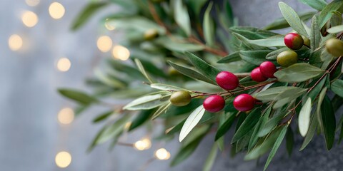 close-up of an olive and greenery wreath with red berries, gold lights, product photography.