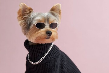 a terrier dog wearing a black turtleneck sweater and silver chain, cool sunglasses, against a light pink background