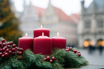 an advent wreath with red candles in front of the market hall