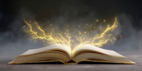 an open book with yellow magical lightning, against a black background.