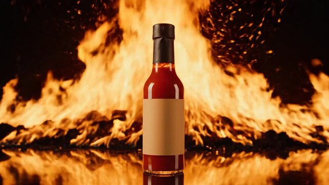 A bottle of red wine standing in front of a burning fire