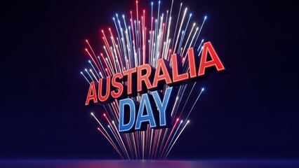 Australia Day celebration with red, white, and blue fireworks display in a dark night sky. Festive typography for Australia Day event, national holiday.