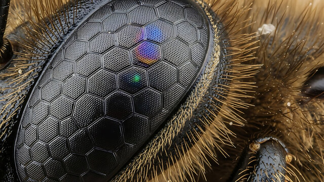 Intricate macro close-up of a bee's compound eye, revealing mesmerizing hexagonal structure and iridescent colors