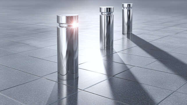 Metallic cylinders arranged on a tiled surface, casting shadows, with one highlighted