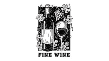 Wine bottle with glass sketch engraving vector illustration T-shirt apparel print design Scratch boa