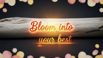Inspiring 'Bloom into Your Best' message on a rustic driftwood background with bokeh lights