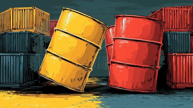 Global oil trade conflict, shipping containers and oil barrels in opposing positions, abstract economic disagreement metaphor, professional commercial illustration, oil trade dispute