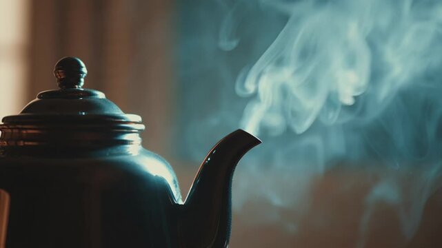 Dark Steaming Tea Kettle Close Up Indoors Hot Beverage Preparation