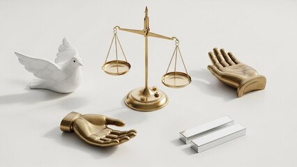 Golden scales and dove on white background