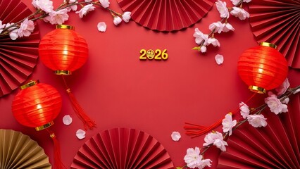 Chinese New Year 2026 decorations with red lanterns and cherry blossoms on a red background