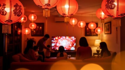 Asian family watching TV in living room with red lanterns