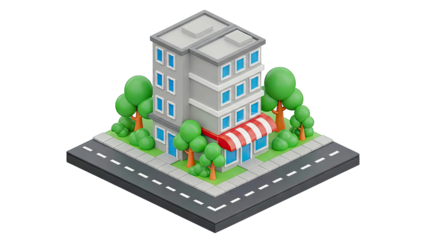 3D Cartoon Building with Trees and Road