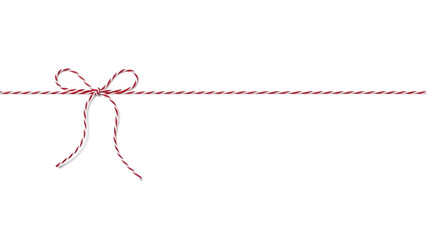 Elegant red and white baker's twine bow with string extending horizontally on white