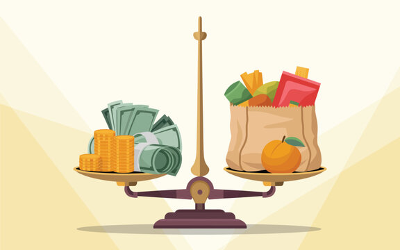 Weighing financial costs against consumer goods on a balance scale