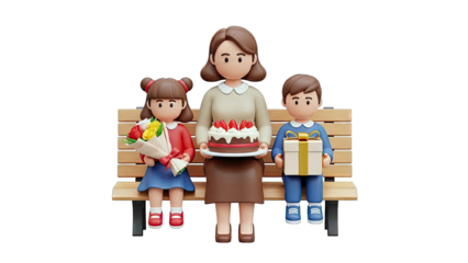 3D Cartoon Family Celebrating with Cake, Gift, and Flowers