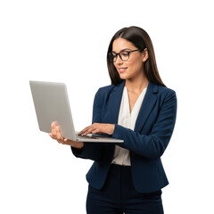 Young professional businesswoman with glasses using a laptop computer isolated on transparent background