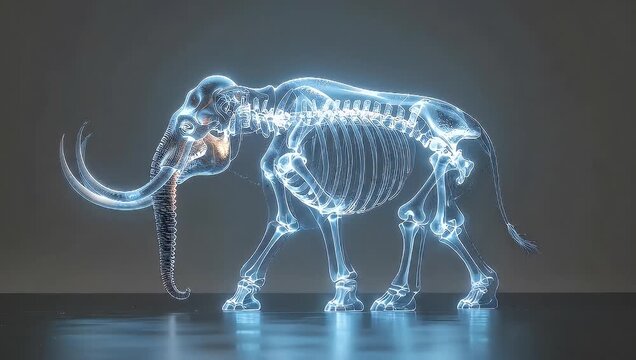 Stunning 3D Render of a Mammoth Skeleton in a Futuristic Setting.