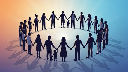Diverse group of people of various ages and genders holding hands in a circle on a gradient background.