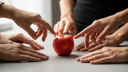 Diverse hands reaching for a red apple on a table