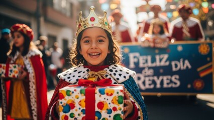 Young girl in king costume holding gift during Epiphany parade on street