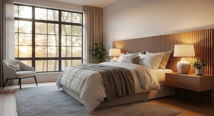 Fototapeta premium Cozy bedroom interior featuring a comfortable bed and natural light from a large window