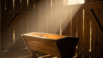 Wooden manger in a stable with crepuscular rays