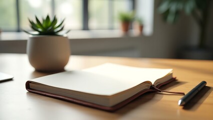 A serene workspace setup with an open notebook, pen, and potted plant on a wooden desk, bathed in natural light.