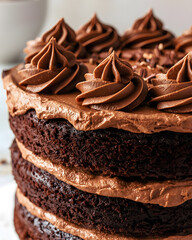 a close-up of a rich chocolate layer cake