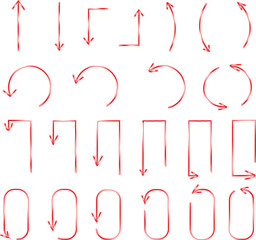 Collection of various hand drawn red directional arrows showing curves bends and straight movements for design elements.