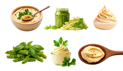 Various creamy sauces and fresh ingredients like peppers, garlic, herbs, nuts, oil isolated on white background. Concept of cooking