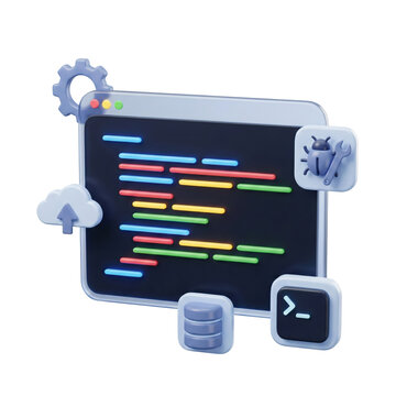 Colorful coding interface with symbols and icons on a transparent background
