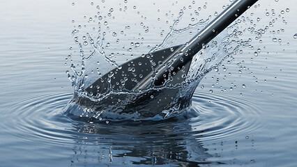 Dynamic paddle splash in clean, refreshing water creating ripples and droplets, perfect for sports and nature concepts.