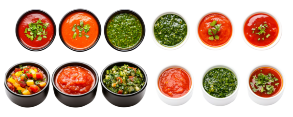Different bowls of salsas arranged in row isolated on a white transparent background. Fresh and vibrant food concept