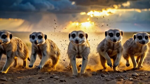 A group of meerkats running across the desert landscape at sunset.