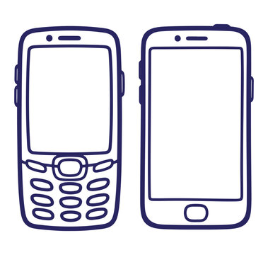 Line drawing illustration of two mobile phones one old and one modern design