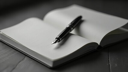 A classic black fountain pen rests on a blank, open notebook, inviting creativity and writing.