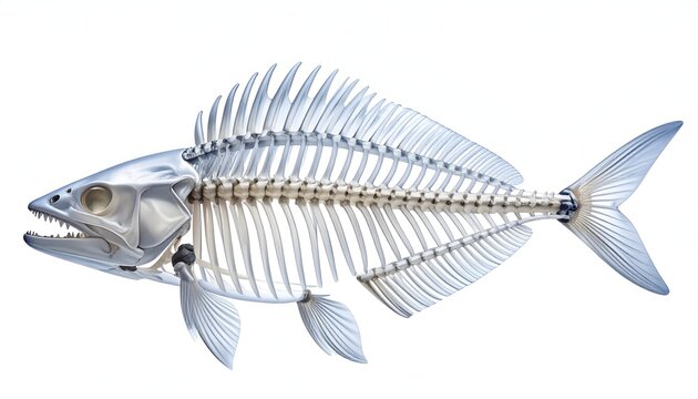 Detailed illustration of fish skeleton, showcasing bones and internal structure