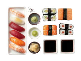Sushi arrangement nigiri, rolls, wasabi, ginger, soy sauce, and garnish